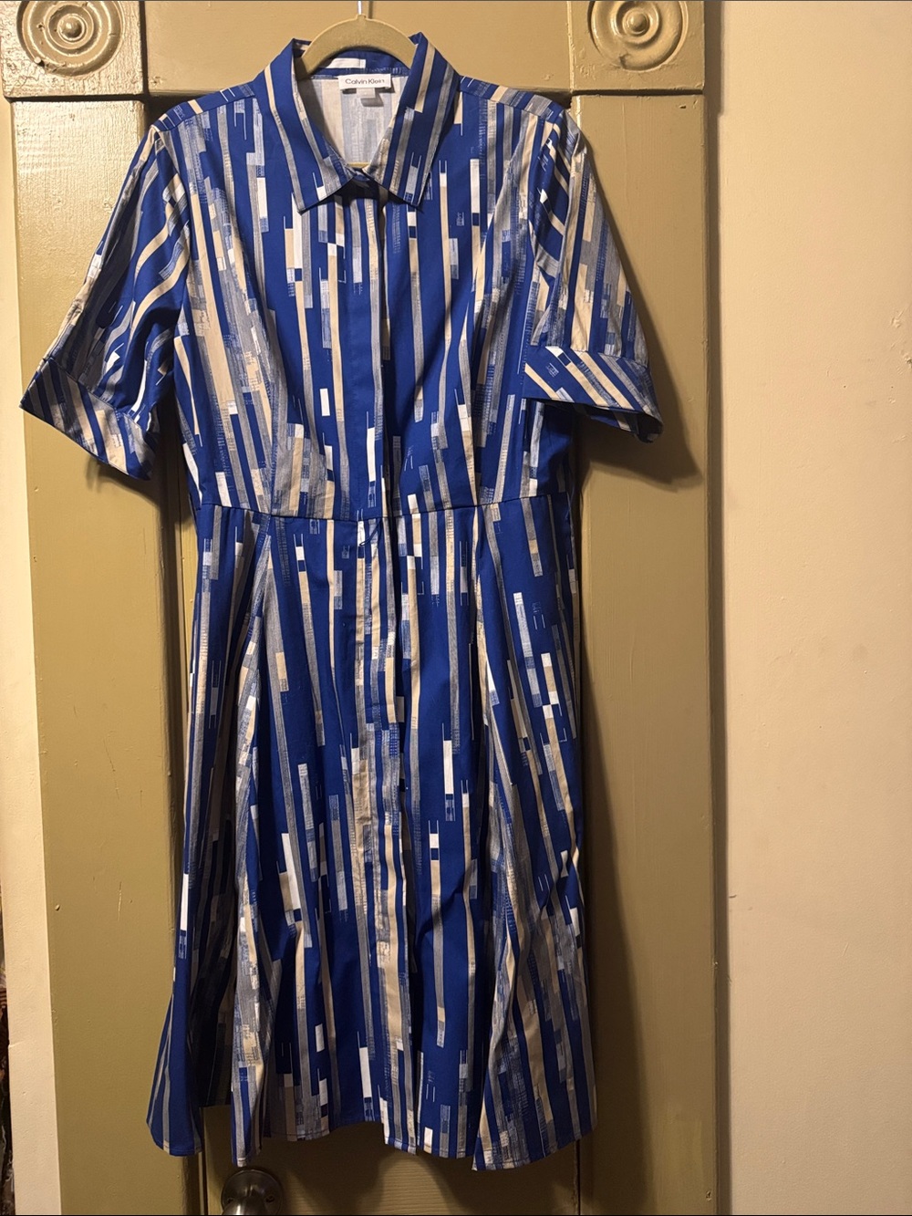 Calvin Klein Blue and Silver Vertical-Stripe Midi Shirt Dress